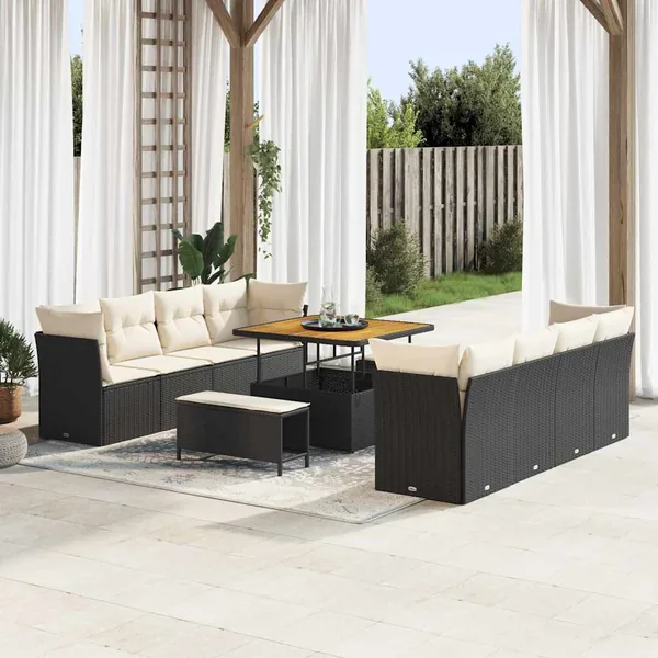 Ensemble de canapé de jardin 11 pcs Noir et Crème polyrotin
