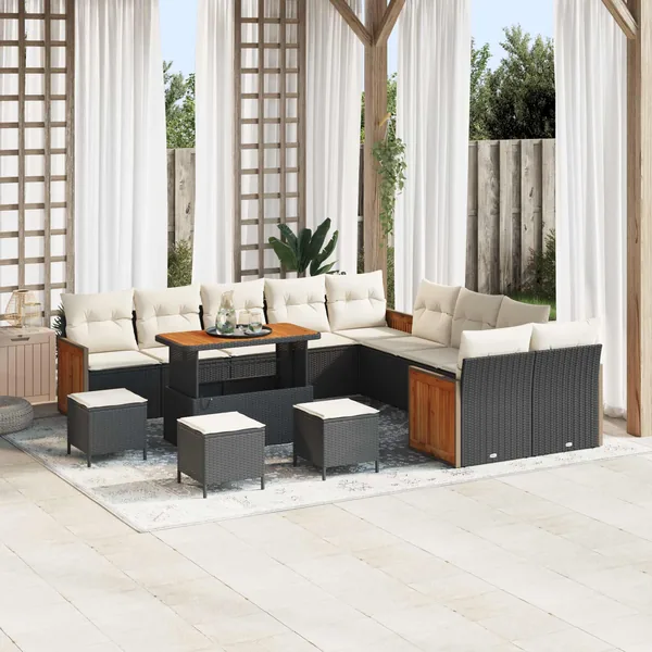 Ensemble de canapé de jardin avec coussin 14 pcs Noir et Crème