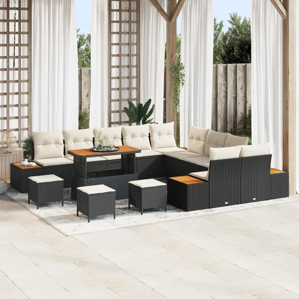 Ensemble de canapé de jardin avec coussin 14 pcs Noir et Crème
