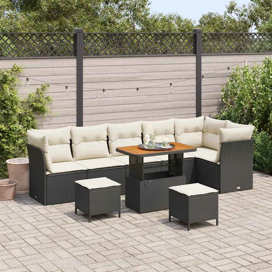 Ensemble de canapé de jardin avec coussin 9 pcs Noir et crème