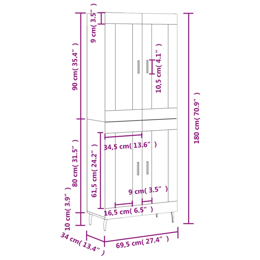 Buffet haut Blanc 69,5x34x180 cm Bois d'ingénierie - 13