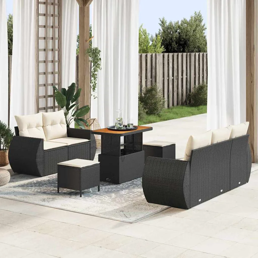 Ensemble de canapé de jardin 8 pcs Noir et Crème polyrotin