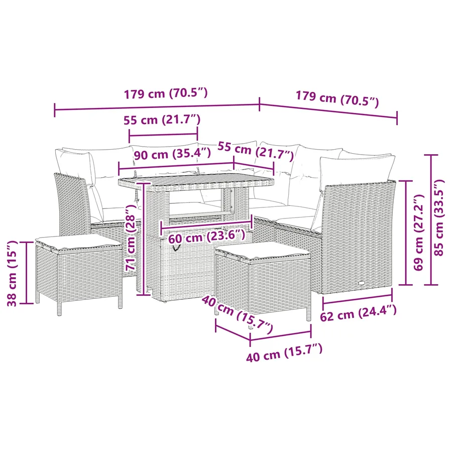 Ensemble de canapé de jardin avec coussin 8 pcs Noir - 12