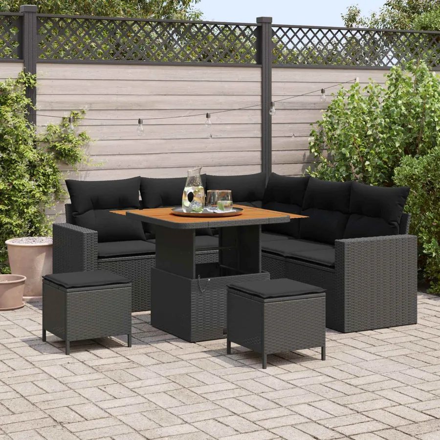 Ensemble de canapé de jardin avec coussin 9 pcs Noir polyrotin