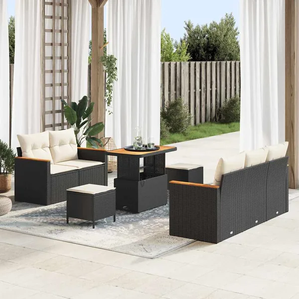 Ensemble de canapé de jardin 10 pcs Noir et Crème polyrotin