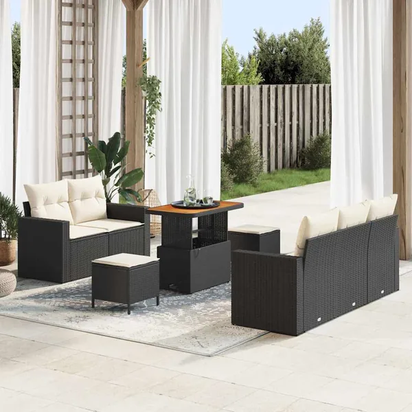 Ensemble de canapé de jardin 8 pcs Noir et Crème polyrotin