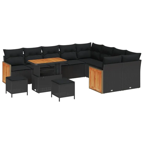 Ensemble de canapé de jardin avec coussin 13 pcs Noir polyrotin