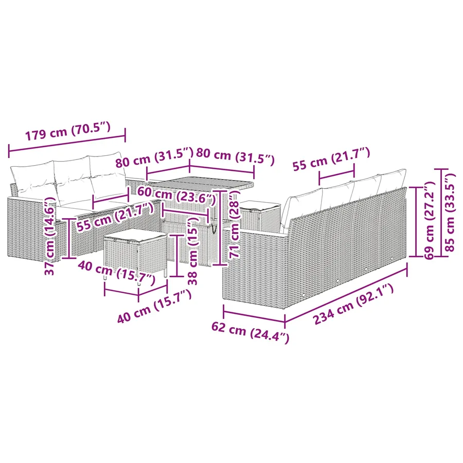 Ensemble de canapé de jardin avec coussin 14 pcs Noir polyrotin - 11