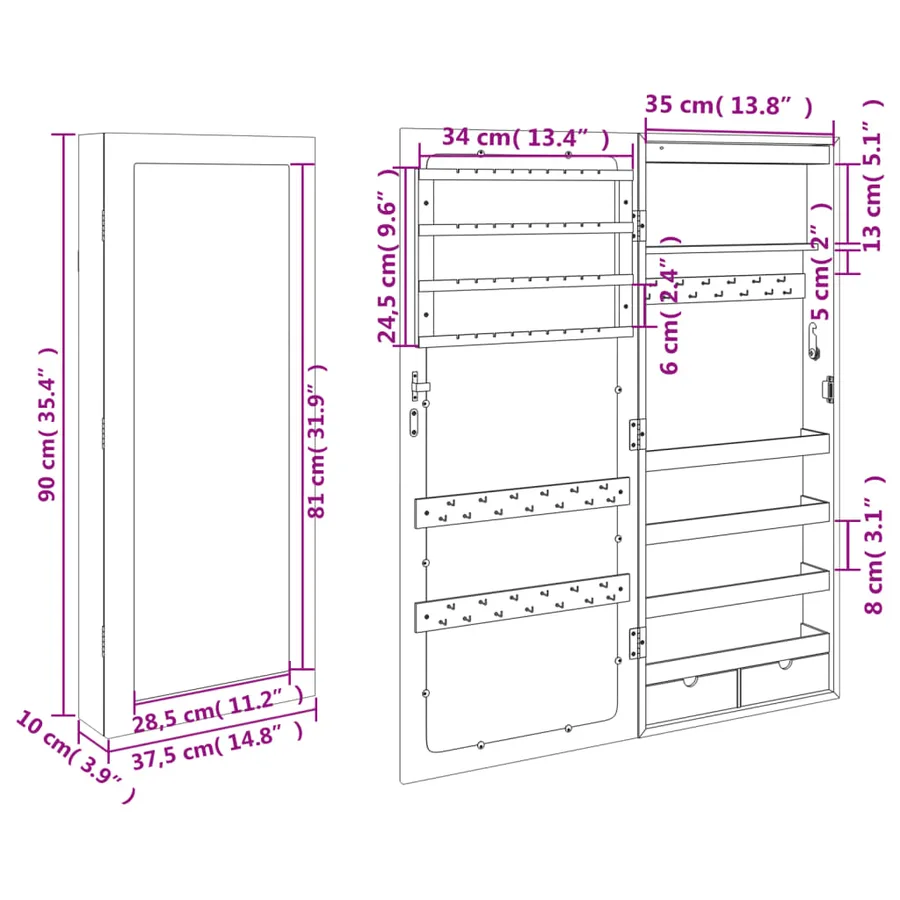 Armoire à bijoux avec miroir et éclairage LED mural noir - 13