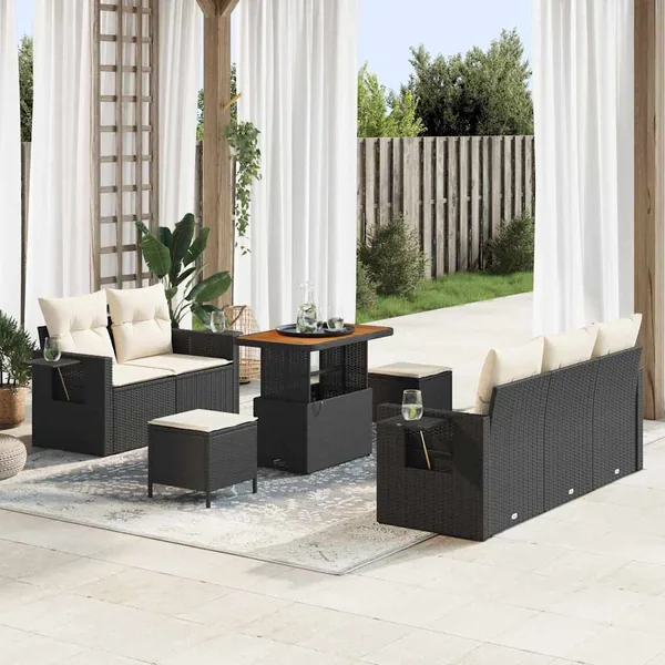 Ensemble de canapé de jardin 10 pcs Noir et Crème polyrotin