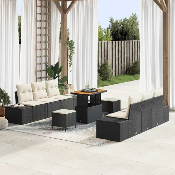 Ensemble de canapé de jardin avec coussin 9 pcs Noir Poly rotin