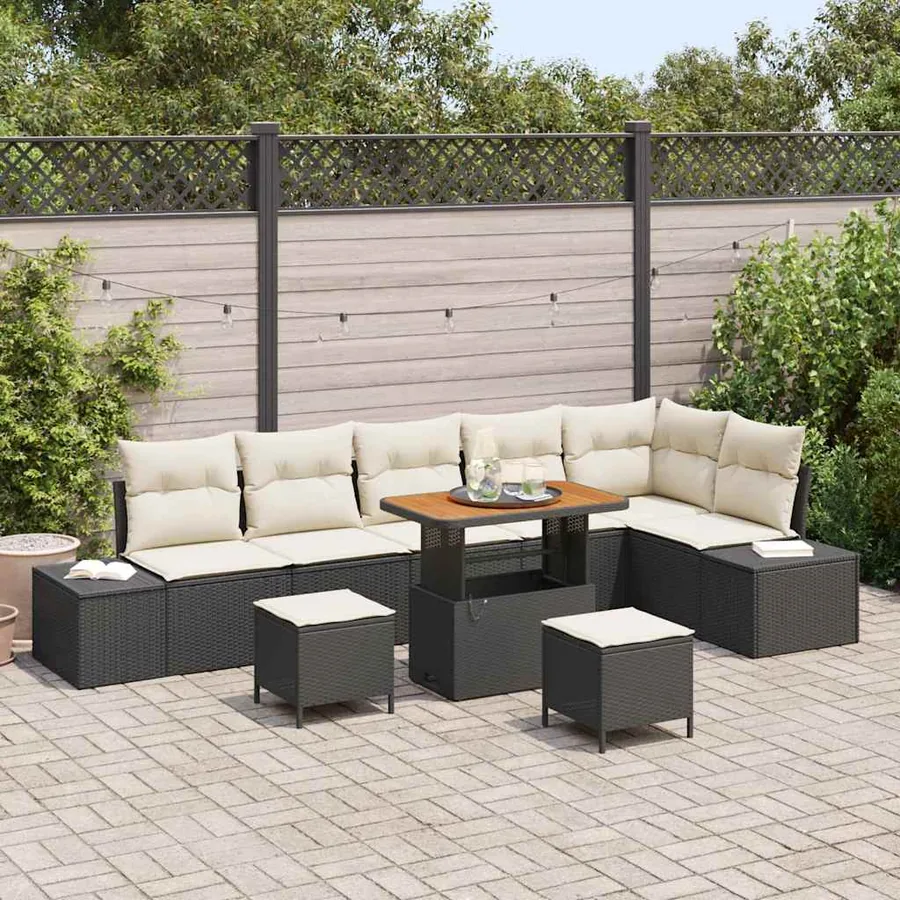 Ensemble de canapé de jardin avec coussin 9 pcs Noir Poly rotin