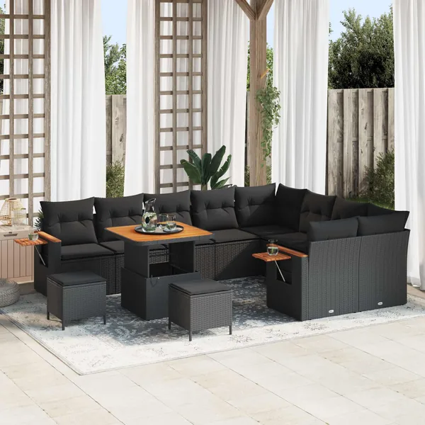 Ensemble de canapé de jardin avec coussin 13 pcs Noir polyrotin
