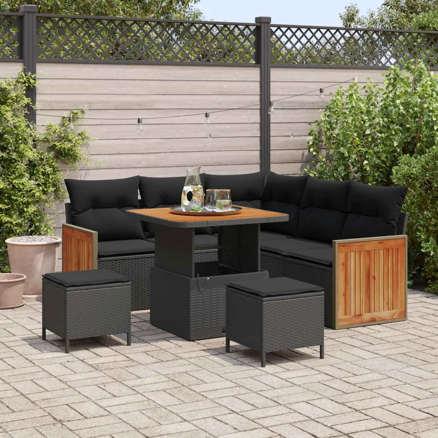 Ensemble de canapé de jardin avec coussin 9 pcs Noir polyrotin