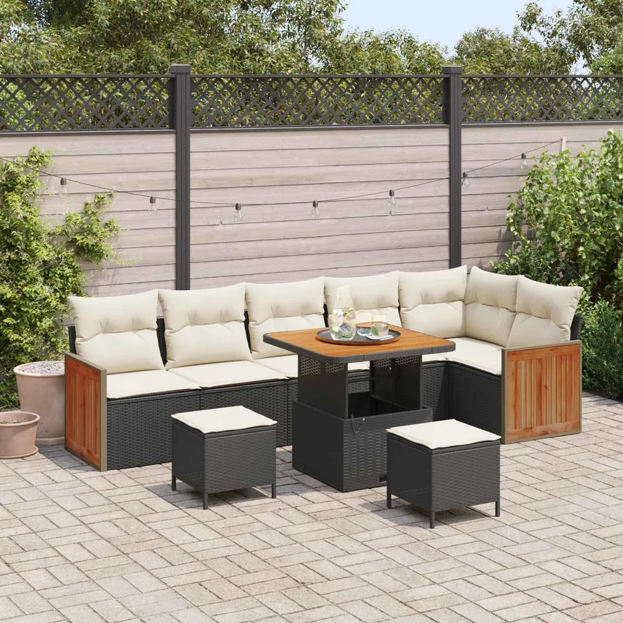 Ensemble de canapé de jardin avec coussin 9 pcs Noir et Crème