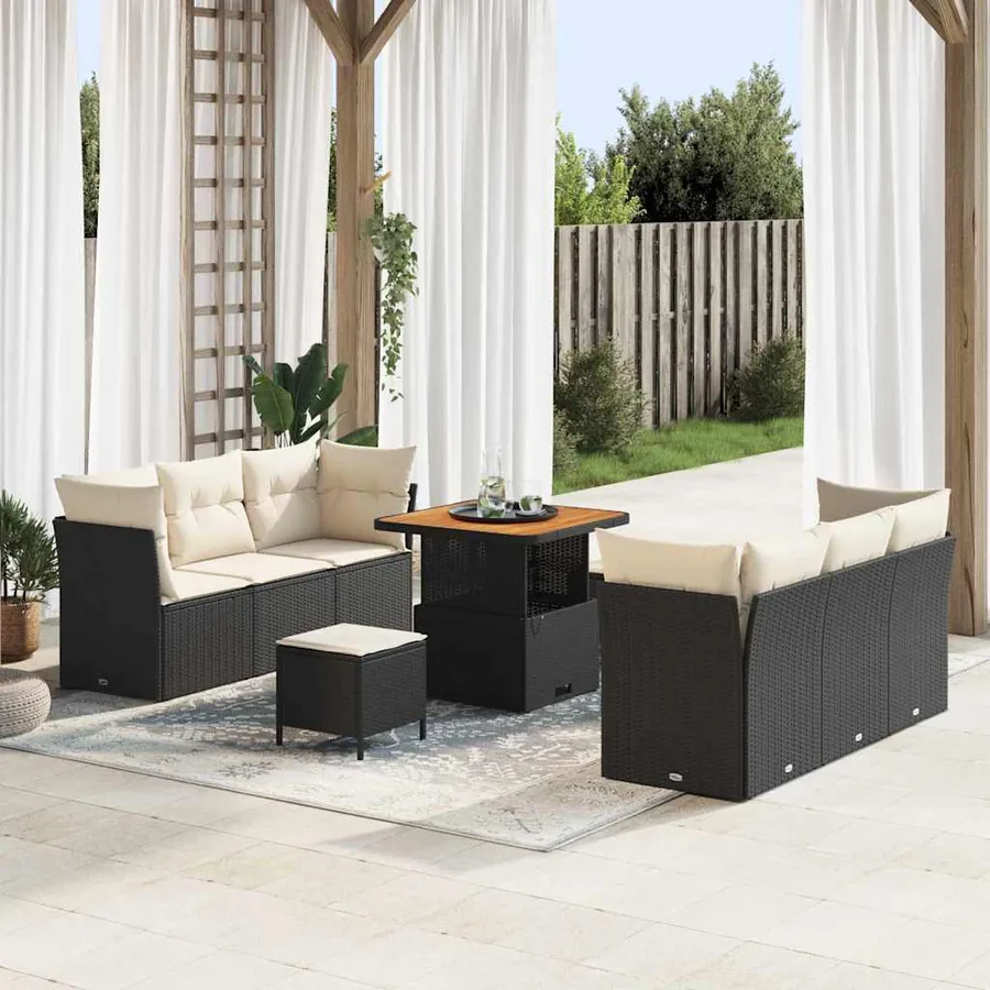 Ensemble de canapé de jardin 9 pcs Noir et Crème polyrotin