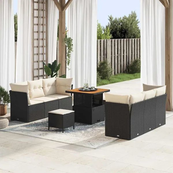 Ensemble de canapé de jardin 9 pcs Noir et Crème polyrotin