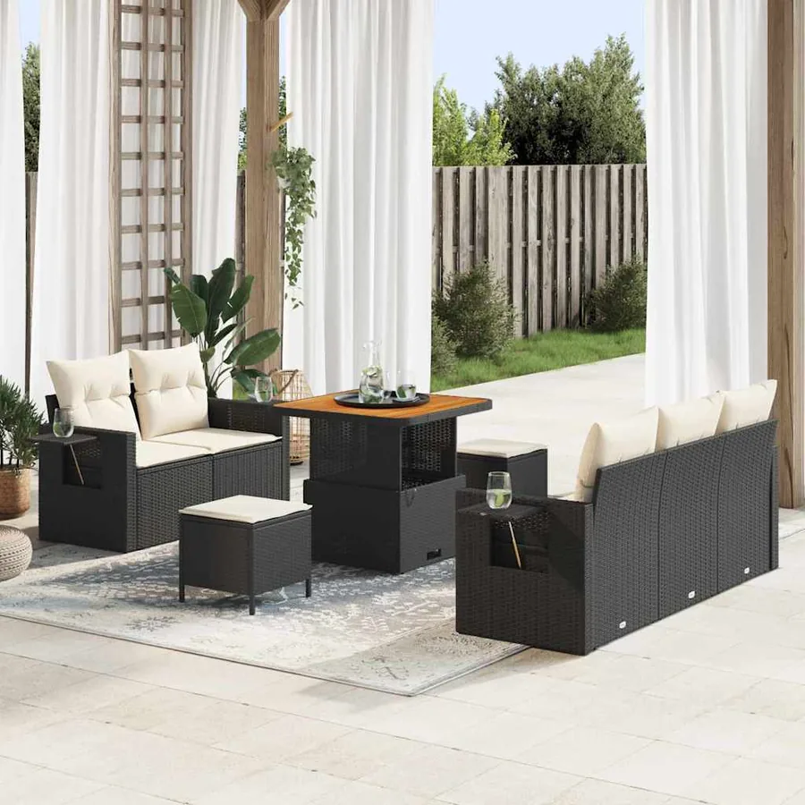 Ensemble de canapé de jardin 10 pcs Noir et Crème polyrotin