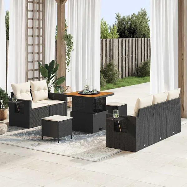 Ensemble de canapé de jardin 10 pcs Noir et Crème polyrotin