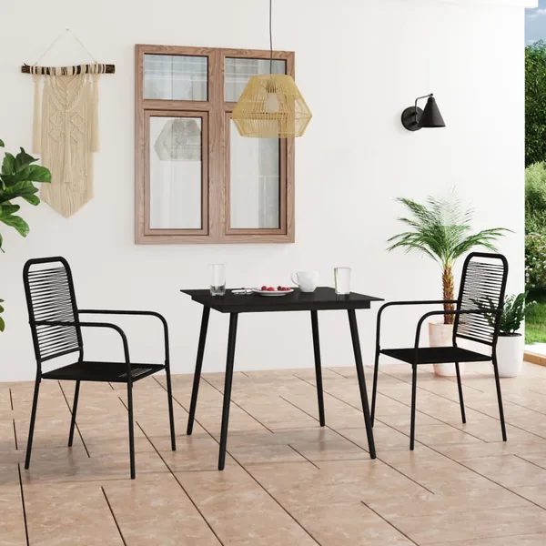 Ensemble à manger de jardin 3 pcs Corde en coton et acier Noir