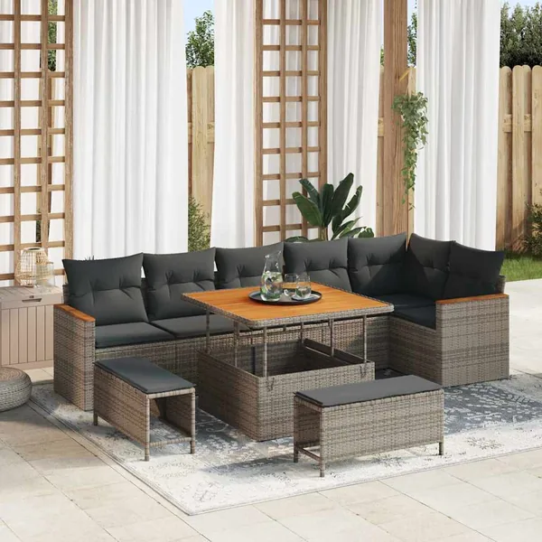 Ensemble de canapé de jardin avec coussin 9 pcs Gris Poly rotin