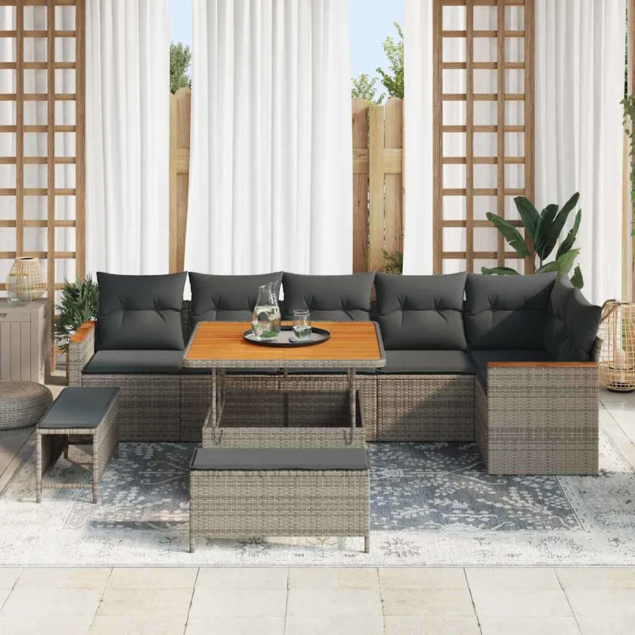 Ensemble de canapé de jardin avec coussin 9 pcs Gris Poly rotin - 3