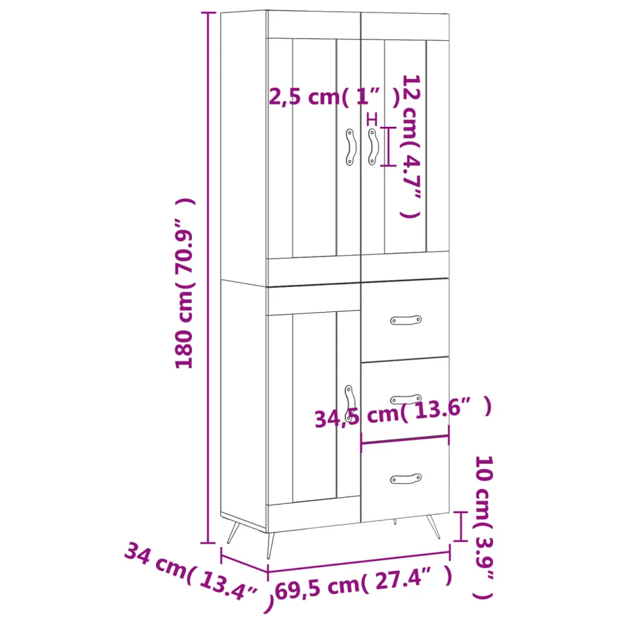 Buffet haut Blanc 69,5x34x180 cm Bois d'ingénierie - 14