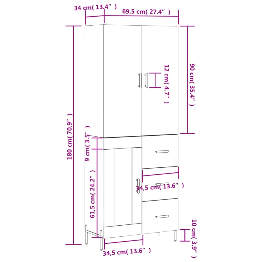 Buffet haut Blanc 69,5x34x180 cm Bois d'ingénierie - 14