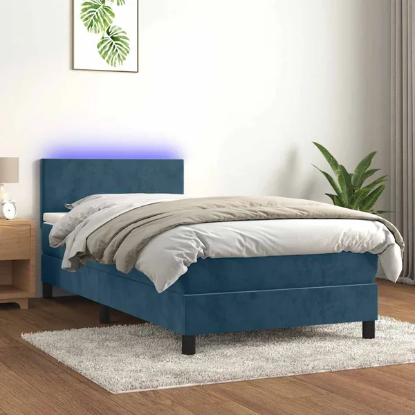 Sommier à lattes de lit avec matelas et LED Bleu foncé 90x190cm
