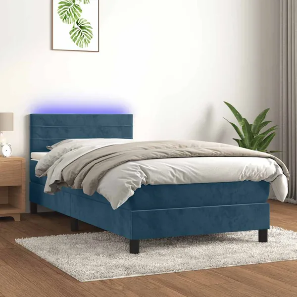 Sommier à lattes de lit et matelas et LED Bleu foncé 90x190 cm