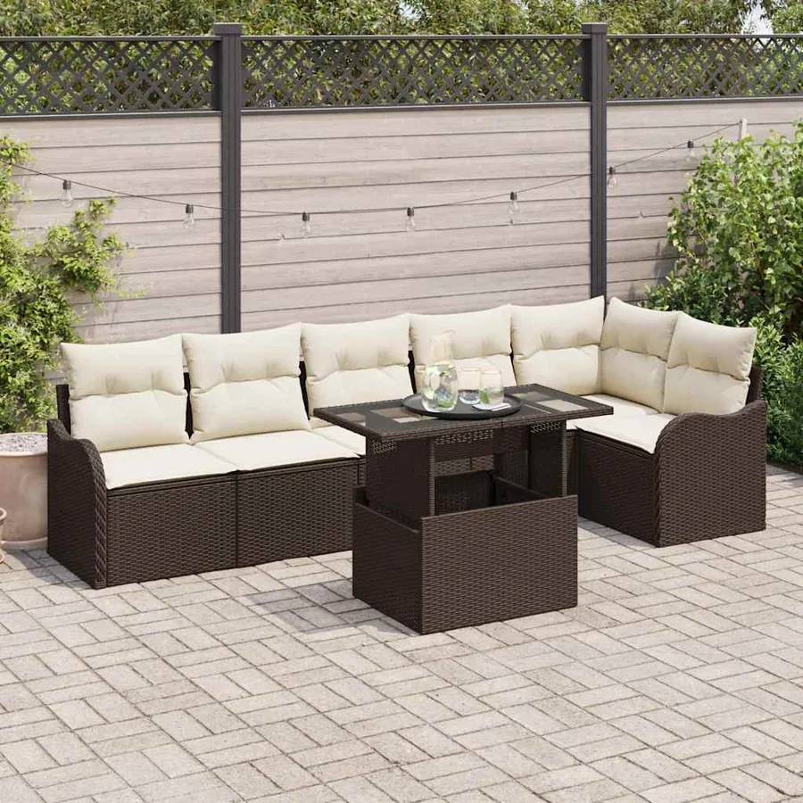 Ensemble de canapé de jardin 7 pcs Marron Poly Rattan