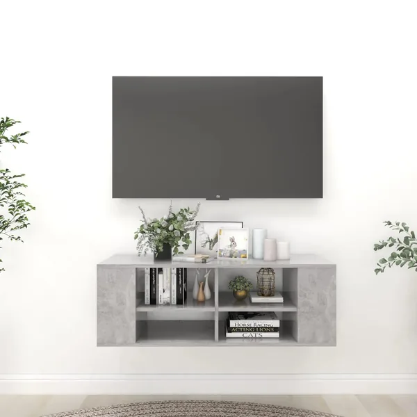 Meuble TV mural Gris béton 102x35x35 cm Bois d’ingénierie