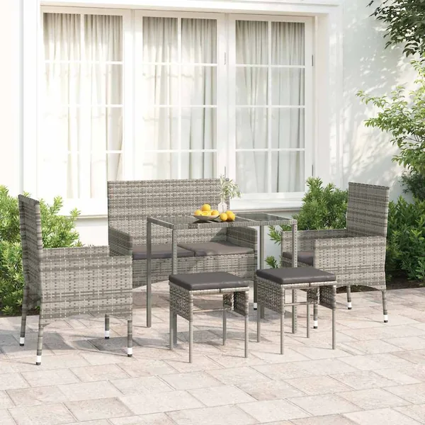 Salon de jardin 6 pcs avec coussins Gris Résine tressée