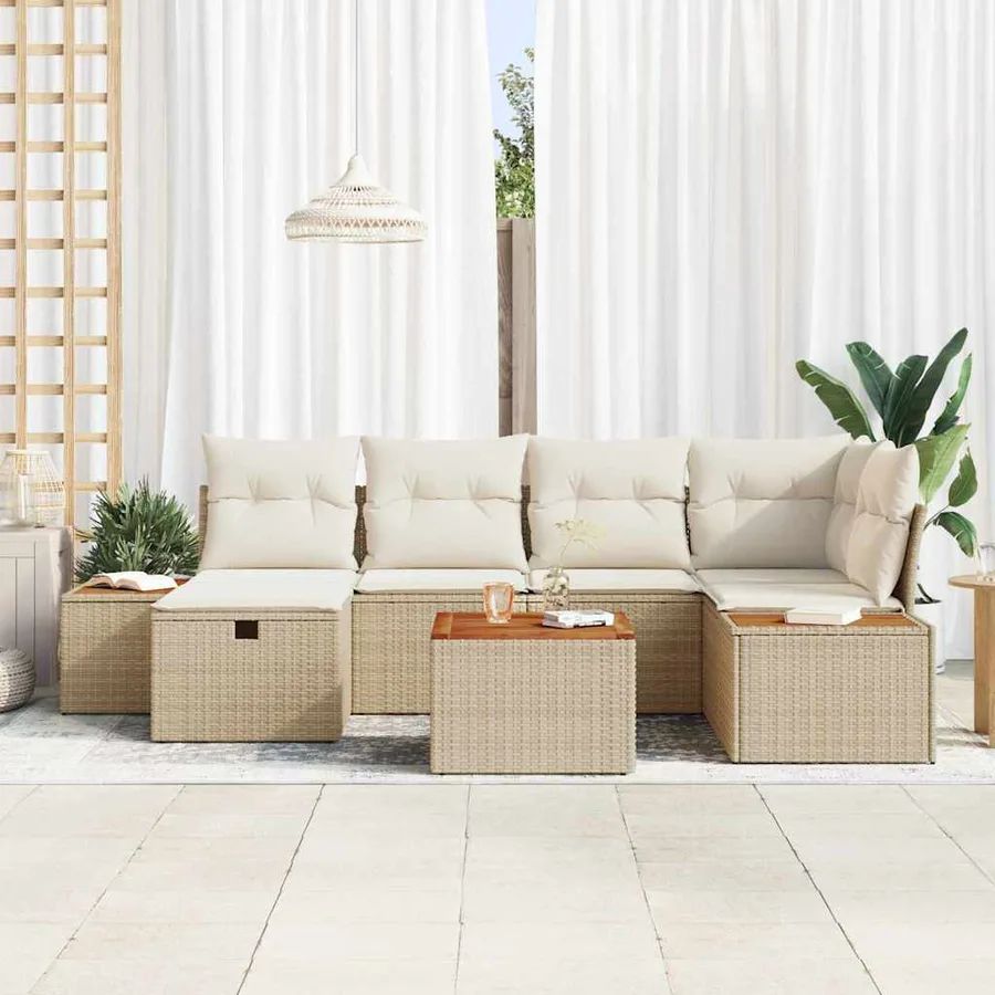 Ensemble de canapé de jardin avec coussin 7 pcs Beige polyrotin - 3