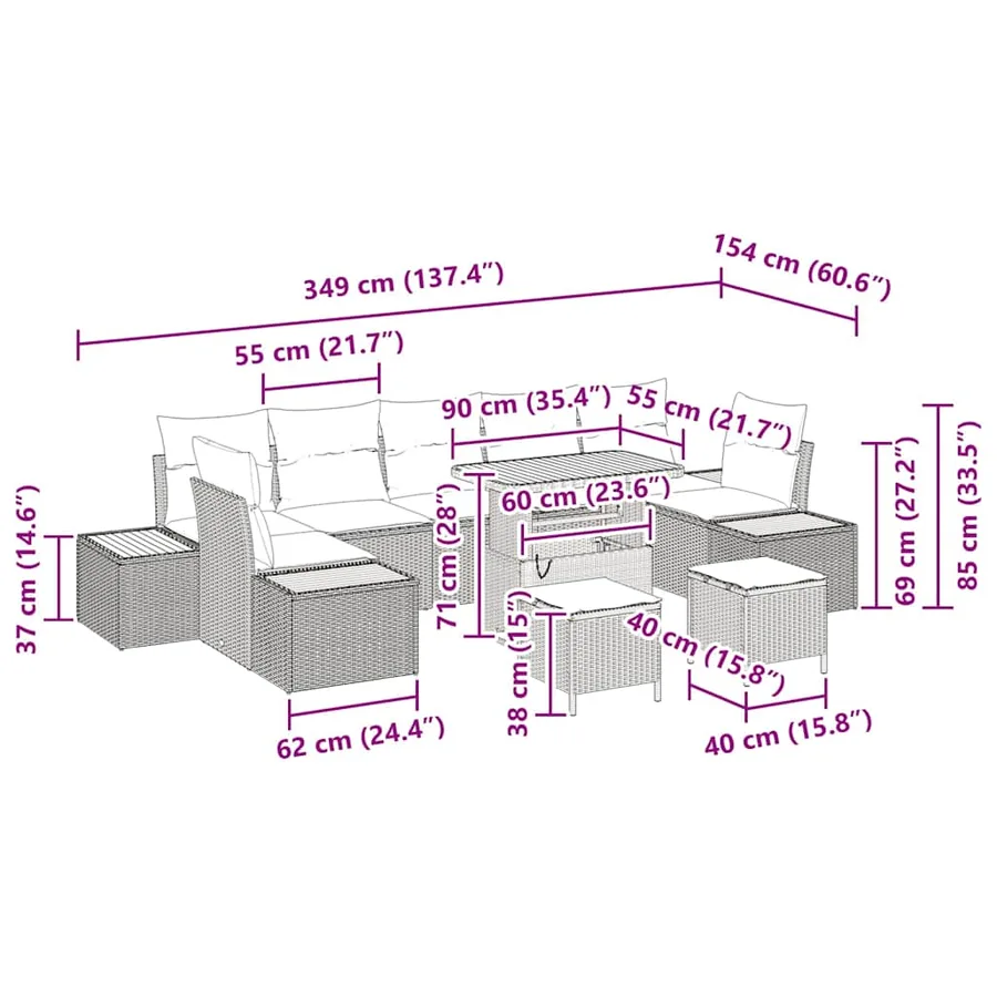 Ensemble de canapé de jardin 10 pcs Beige Poly rotin - 15
