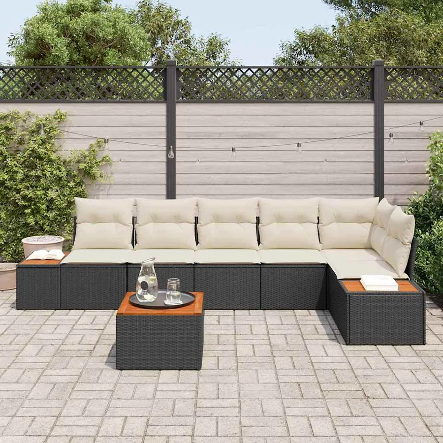Ensemble de canapé de jardin 6 pcs Noir et Crème Polyrotin - 3