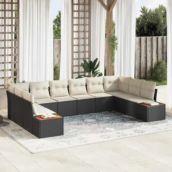 Ensemble de canapé de jardin 10 pcs Noir et Crème Polyrotin
