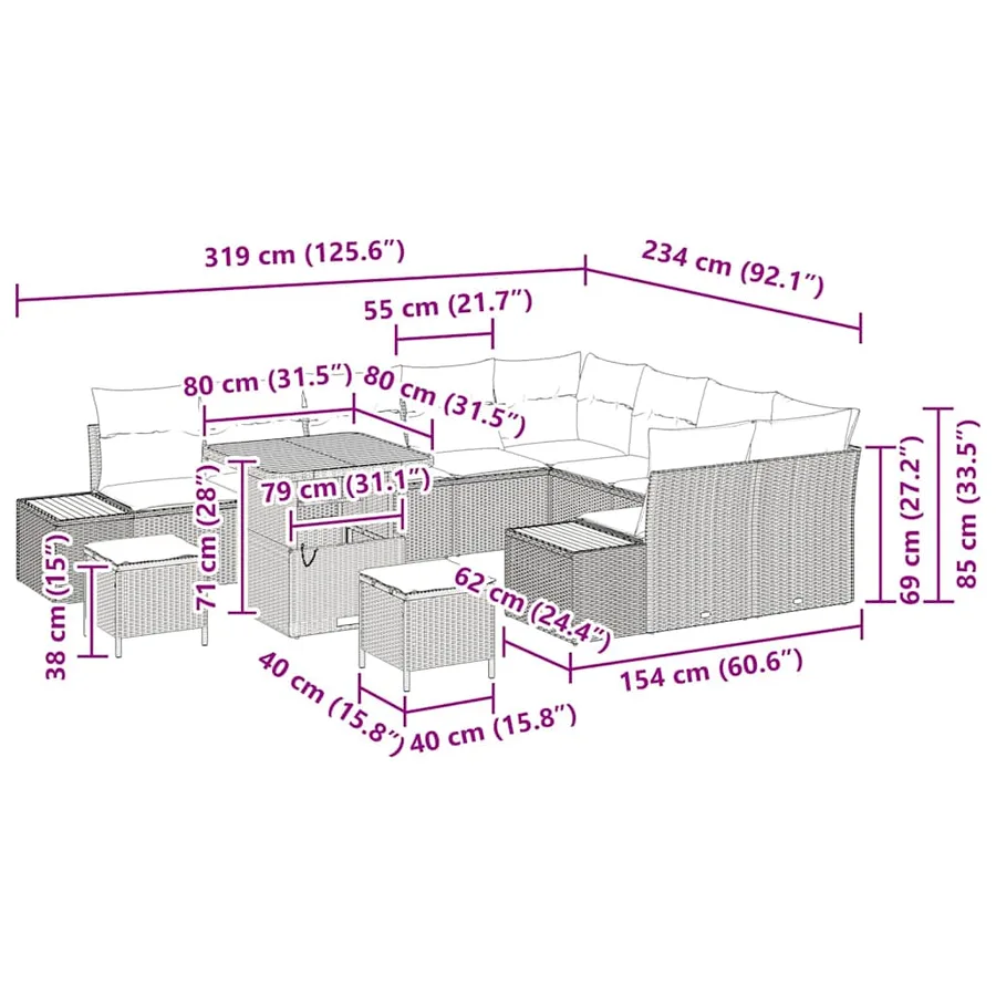 Ensemble de canapé de jardin 12 pcs Noir Poly rotin - 18