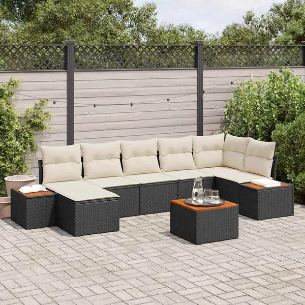 Ensemble de canapé de jardin 8 pcs Noir et Crème Polyrotin