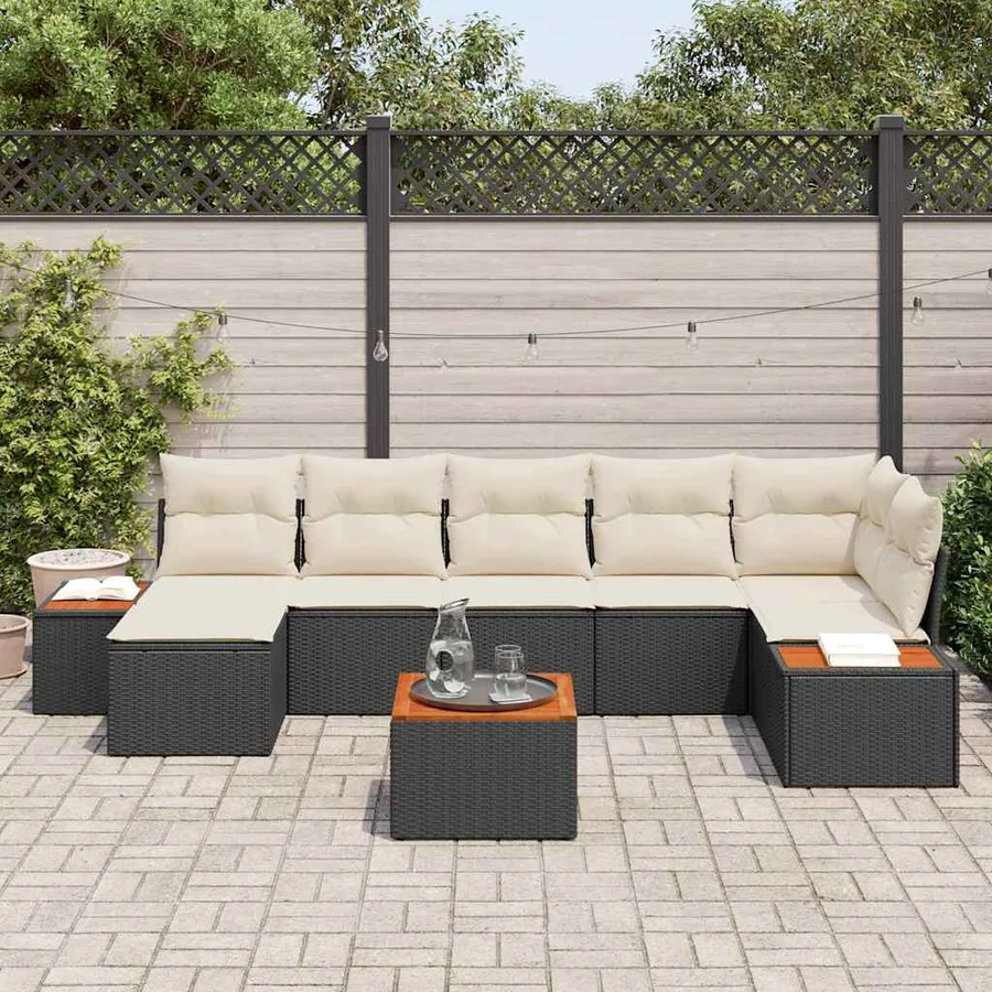 Ensemble de canapé de jardin 8 pcs Noir et Crème Polyrotin - 3