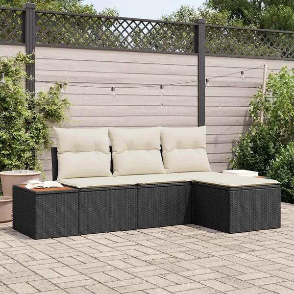 Ensemble de canapé de jardin 4 pcs Noir et Crème Poly Rattan