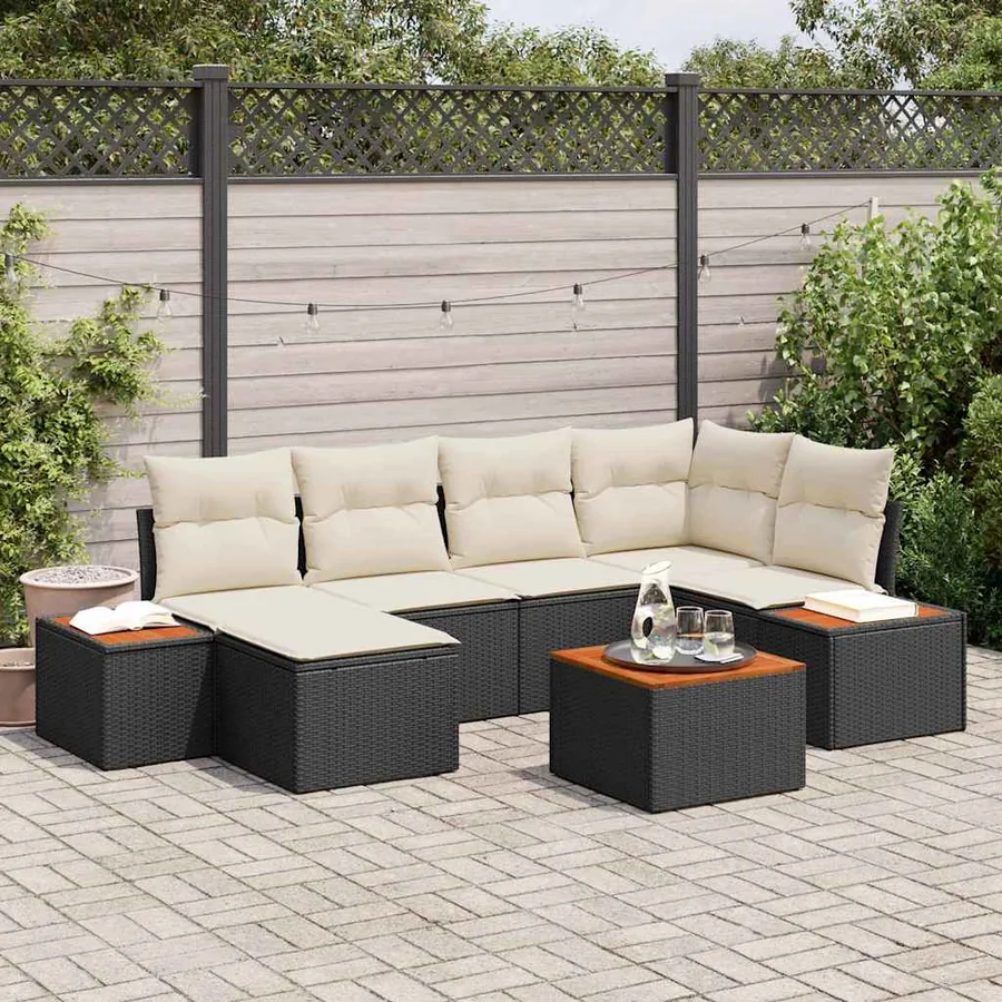 Ensemble de canapé de jardin 7 pcs Noir et Crème Polyrotin