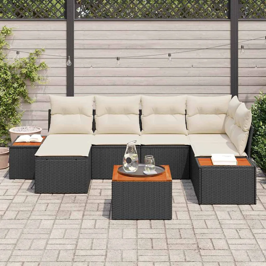 Ensemble de canapé de jardin 7 pcs Noir et Crème Polyrotin - 3