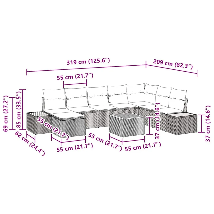 Ensemble de canapé de jardin 9 pcs Noir Poly rotin - 15