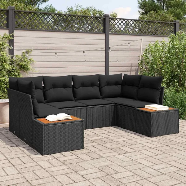Ensemble de canapé de jardin avec coussin 6 pcs Noir Polyrotin