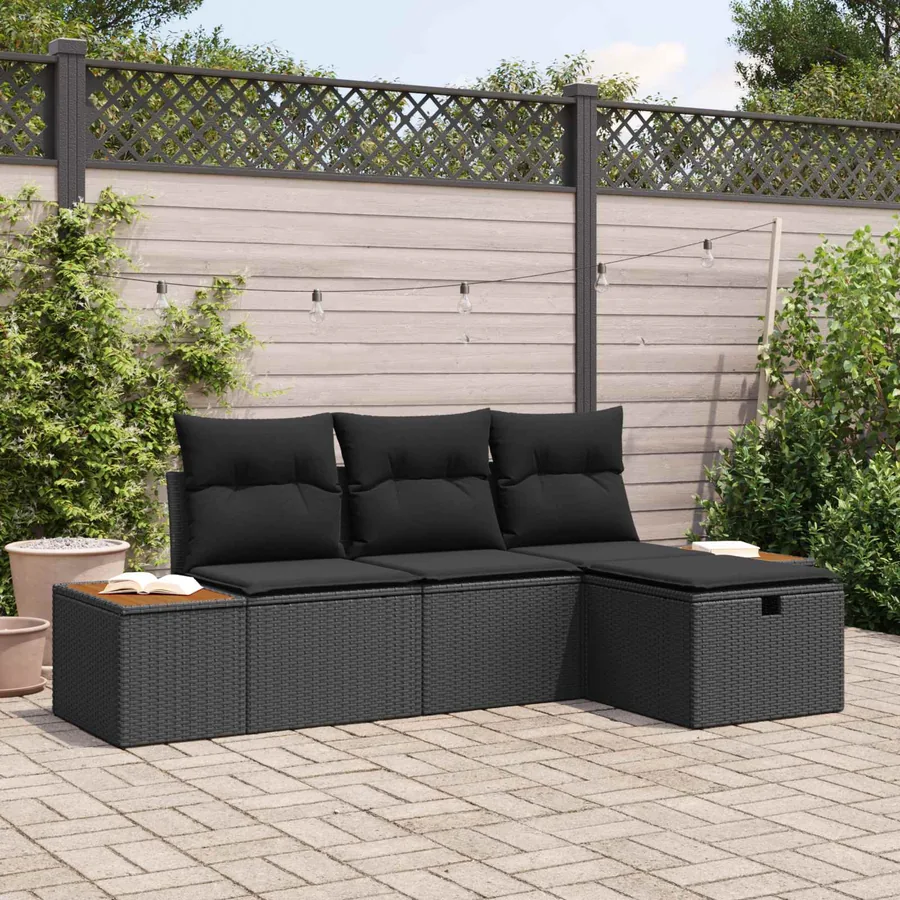 Ensemble de canapé de jardin avec coussin 4 pcs Noir polyrotin