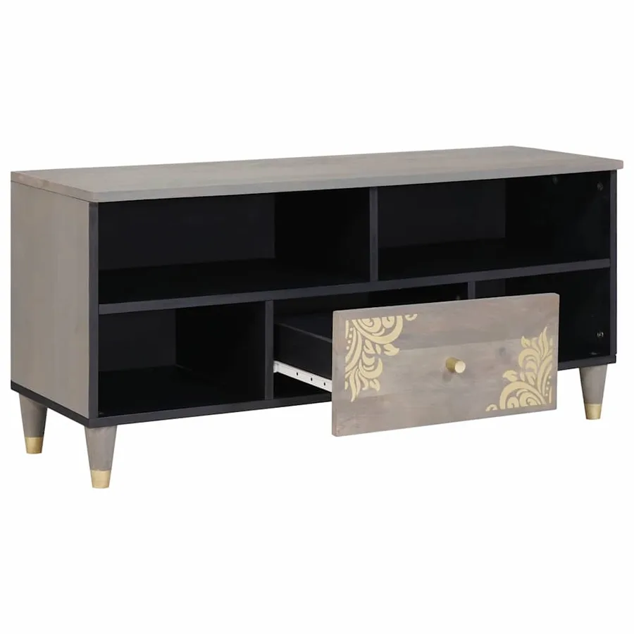 Meuble TV Gris 100 x 33 x 46 cm Bois de mangue massif - 2
