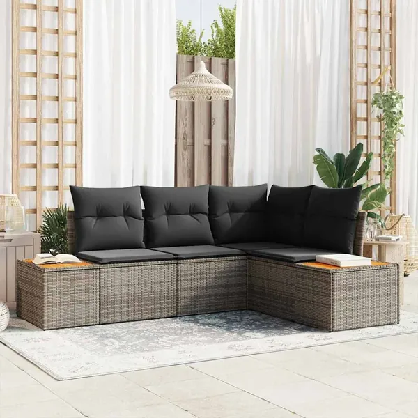 Ensemble de canapé de jardin avec coussin 4 pcs Gris Polyrotin