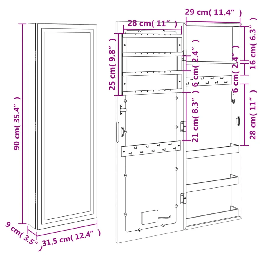Armoire à bijoux avec miroir et éclairage LED mural - 12