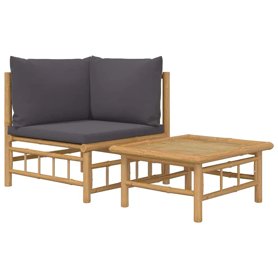 Salon de jardin 2 pcs avec coussins gris foncé bambou - 2